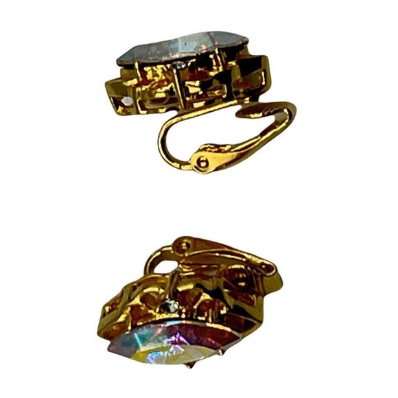 Lind Gold Tone Marquise Aurora Borealis Rhinestone Cut Clip-On Earrings 3/4” - Picture 2 of 10